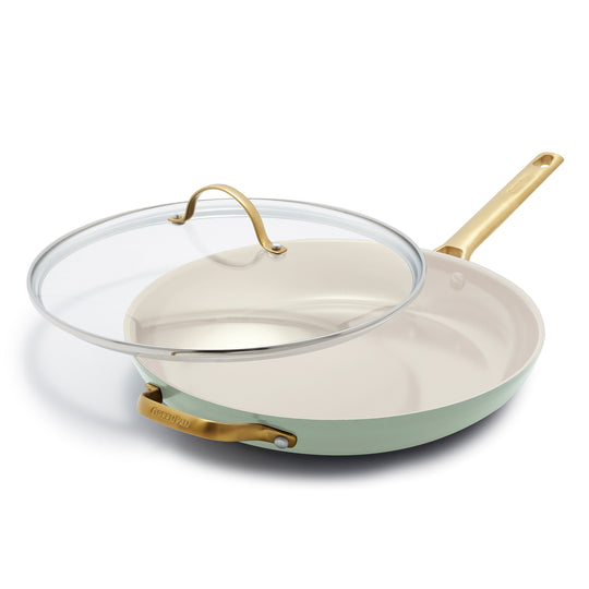 Reserve Ceramic Nonstick 12" Frypan with Lid and Helper Handle, Julep with Gold-Tone Handle