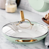 Reserve Ceramic Nonstick 12" Frypan with Lid and Helper Handle | Julep with Gold-Tone Handle