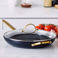 Reserve Ceramic Nonstick 12" Frypan with Lid and Helper Handle | Black with Gold-Tone Handle
